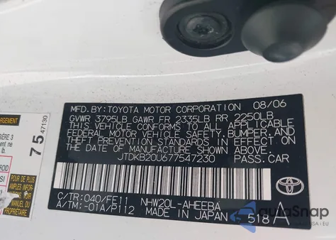 2007 Toyota Prius from USA, damaged, VIN JTDKB20U677547230